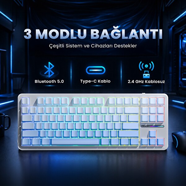 Aula F87 PRO Mekanik RGB TKL GrayWood V4 Anahtar Kablosuz Makrolu Hot Swap Klavye Gradyan Mavi