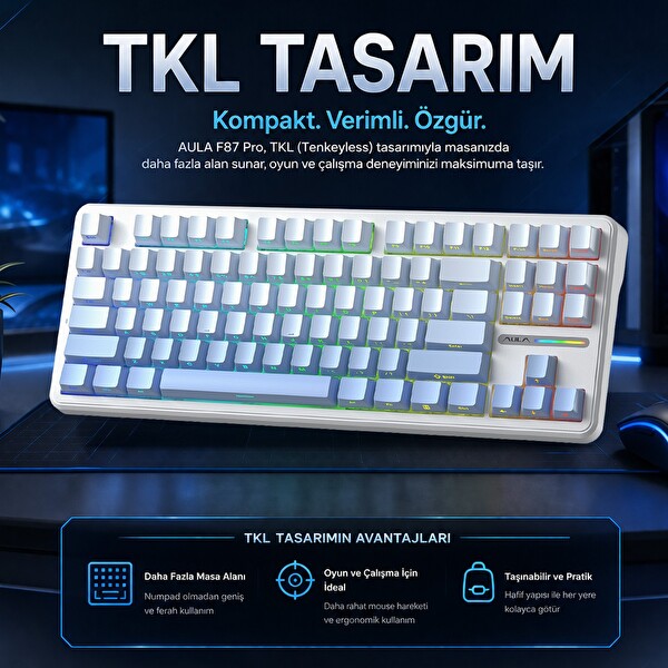 Aula F87 PRO Mekanik RGB TKL GrayWood V4 Anahtar Kablosuz Makrolu Hot Swap Klavye Gradyan Mavi