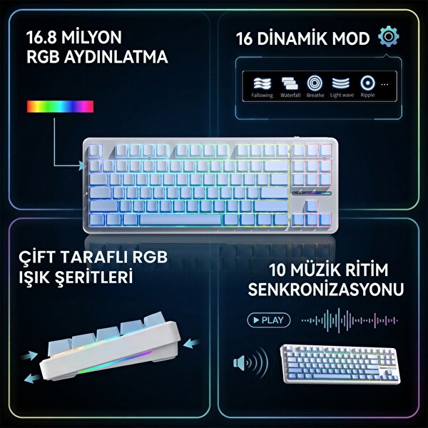Aula F87 PRO Mekanik RGB TKL GrayWood V4 Anahtar Kablosuz Makrolu Hot Swap Klavye Gradyan Mavi