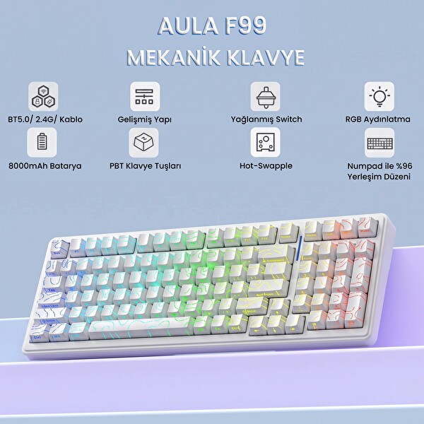 Aula F99 Mekanik RGB Star Vector Switch 3 Modlu Kablosuz Makrolu Hot Swap Klavye Desenli Beyaz