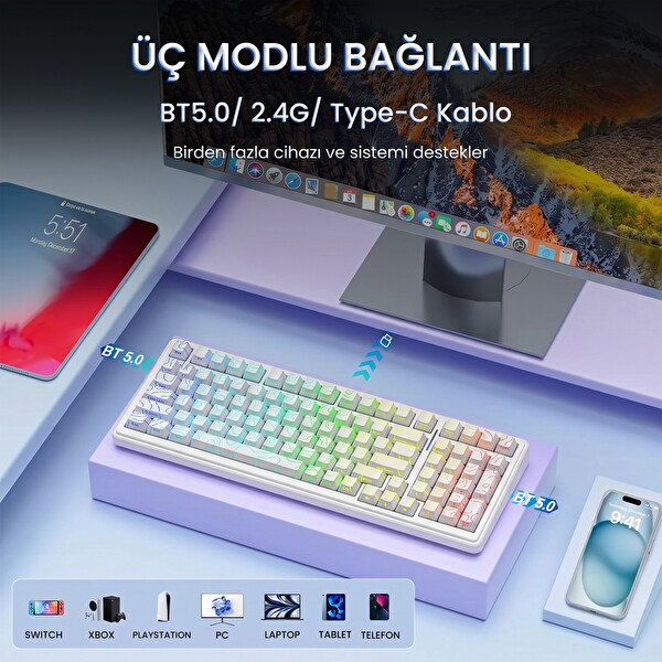 Aula F99 Mekanik RGB Star Vector Switch 3 Modlu Kablosuz Makrolu Hot Swap Klavye Desenli Beyaz