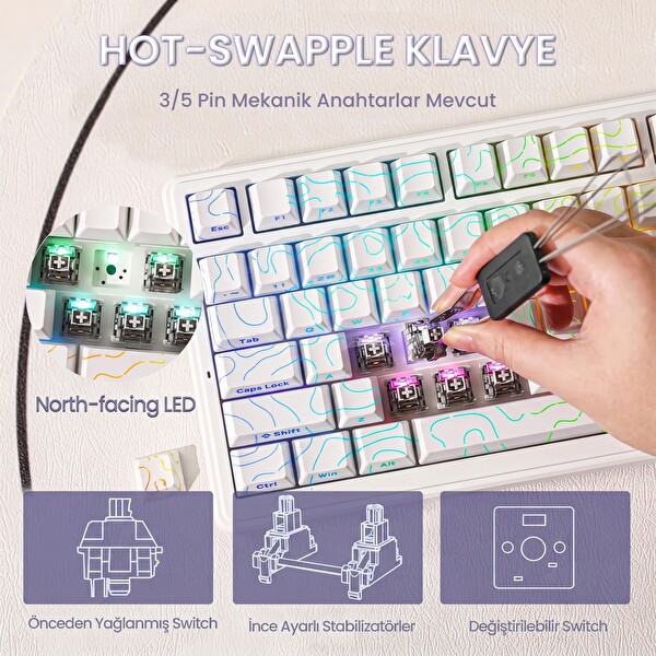 Aula F99 Mekanik RGB Star Vector Switch 3 Modlu Kablosuz Makrolu Hot Swap Klavye Desenli Beyaz