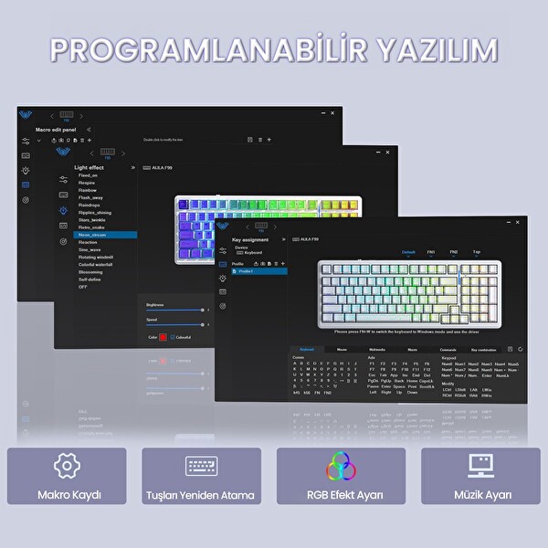 Aula F99 Mekanik RGB Star Vector Switch 3 Modlu Kablosuz Makrolu Hot Swap Klavye Desenli Beyaz