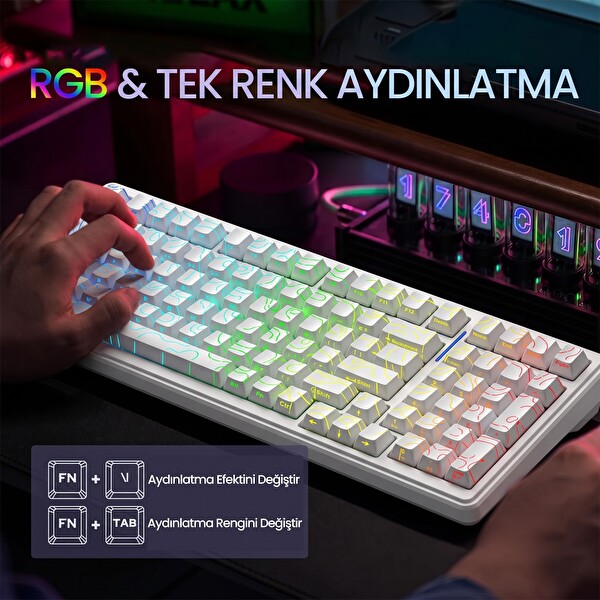 Aula F99 Mekanik RGB Star Vector Switch 3 Modlu Kablosuz Makrolu Hot Swap Klavye Desenli Beyaz