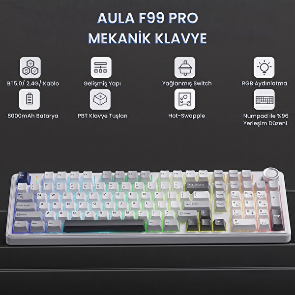 Aula F99 Pro 3 Modlu RGB Hot Swap Mekanik Star Vector Switch Kablosuz Makrolu Klavye Gri