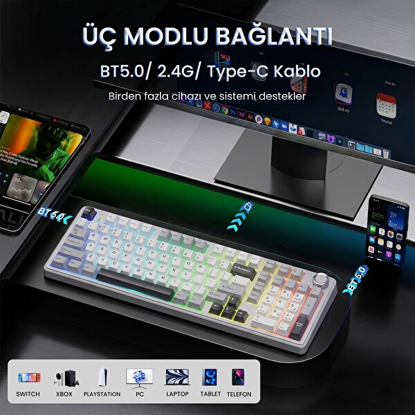 Aula F99 Pro 3 Modlu RGB Hot Swap Mekanik Star Vector Switch Kablosuz Makrolu Klavye Gri