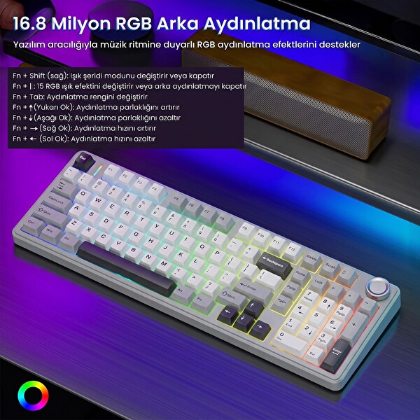Aula F99 Pro 3 Modlu RGB Hot Swap Mekanik Star Vector Switch Kablosuz Makrolu Klavye Gri
