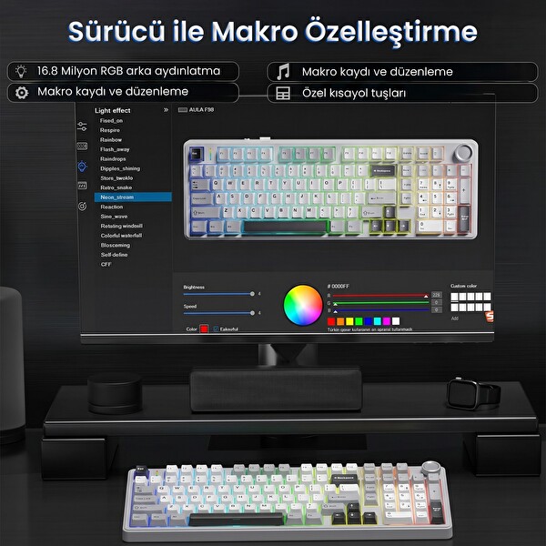 Aula F99 Pro 3 Modlu RGB Hot Swap Mekanik Star Vector Switch Kablosuz Makrolu Klavye Gri