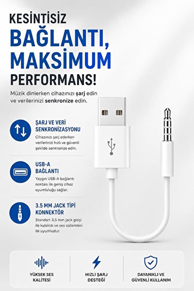 Coverzone iPod Shuffle ile Uyumlu ENT USB Şarj ve Veri Aktarım Kablosu 3.5 MM Jack USB A Senkronizasyon Kablosu