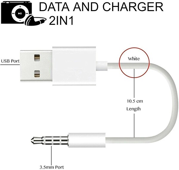 Coverzone iPod Shuffle ile Uyumlu ENT USB Şarj ve Veri Aktarım Kablosu 3.5 MM Jack USB A Senkronizasyon Kablosu