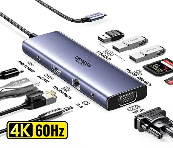 Ugreen 25043 CM498 10'u 1 Arada Type-C to 3xUSB-A 3.0 Çoklayıcı 1x4K/60Hz HDMI 1xVGA 1xRJ45 1x3.5 MM Kulaklık Kart Okuyucu