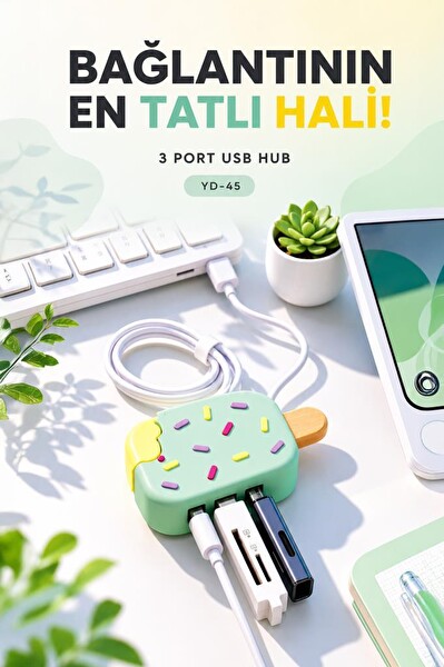 Torima YD45 Dondurma USB Hub Dağıtıcı 2.0 USB - Type-C Port Çoğaltıcı Su Yeşili