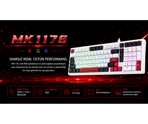 Bronzturq MK1176 3'ü 1 Arada Kablolu + 2.4G + Bluetooth RGB 101 Tuşlu Anti-Ghosting Mekanik Klavye