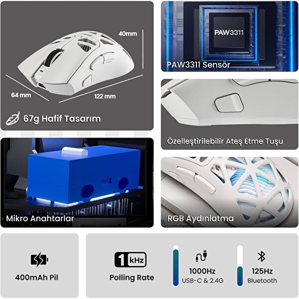 Aula SC620 PAW3311 12000 Dpi 1000Hz Tri-Mode Kablolu-Kablosuz Desenli Beyaz Oyuncu Mouse