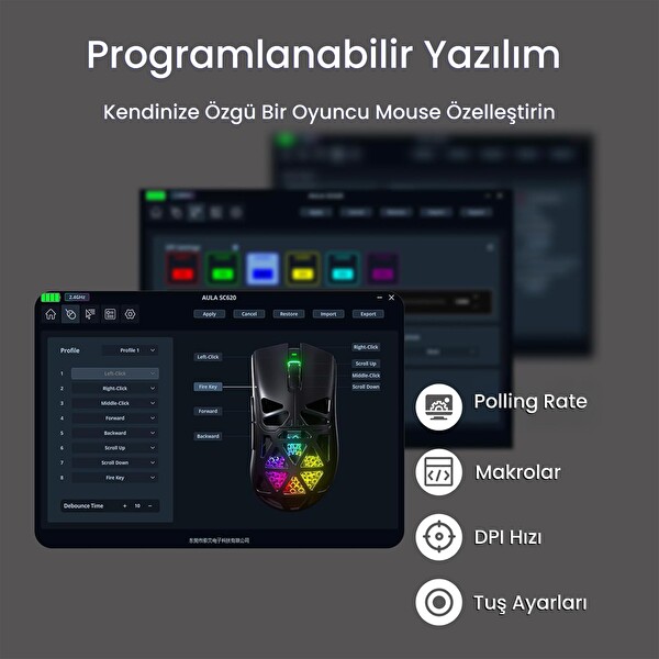 Aula SC620 PAW3311 12000 Dpi 1000Hz Tri-Mode Kablolu-Kablosuz Desenli Beyaz Oyuncu Mouse