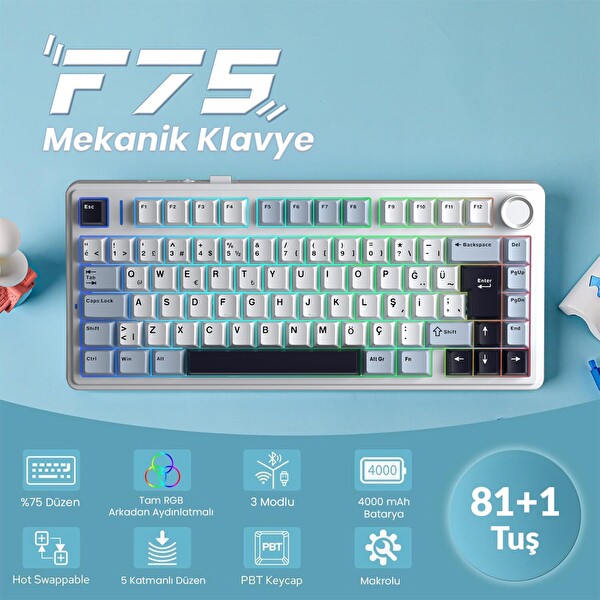 Aula F75 Mekanik RGB TKL GrayWood V4 Switch Kablosuz Makrolu Hot Swap Türkçe Q Mekanik Klavye Lacivert