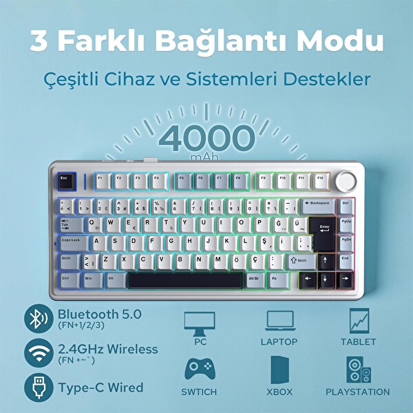 Aula F75 Mekanik RGB TKL GrayWood V4 Switch Kablosuz Makrolu Hot Swap Türkçe Q Mekanik Klavye Lacivert