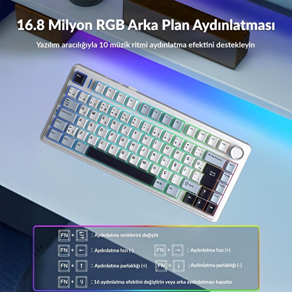Aula F75 Mekanik RGB TKL GrayWood V4 Switch Kablosuz Makrolu Hot Swap Türkçe Q Mekanik Klavye Lacivert