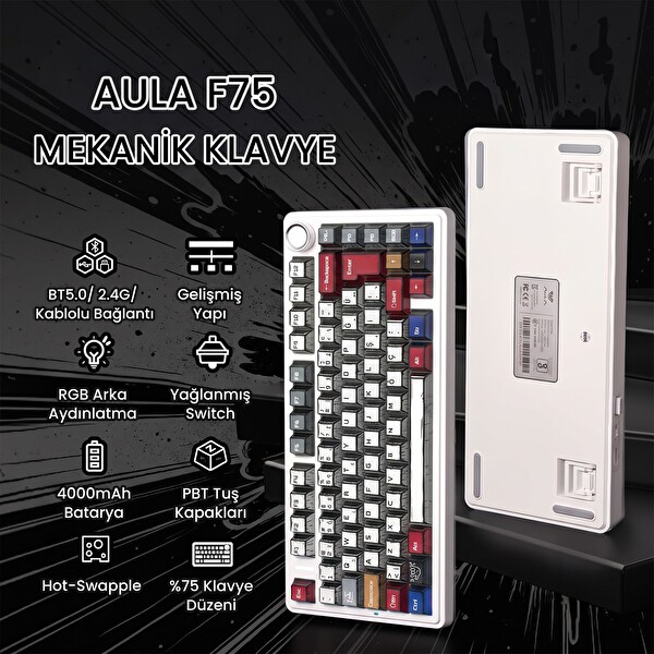 Aula F75 Mekanik RGB TKL GrayWood V4 Switch Kablosuz Makrolu Hot Swap Türkçe Q Mekanik Klavye Comic