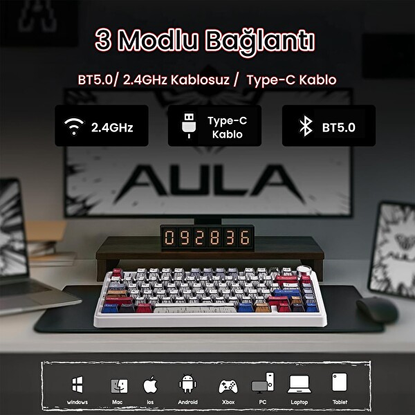 Aula F75 Mekanik RGB TKL GrayWood V4 Switch Kablosuz Makrolu Hot Swap Türkçe Q Mekanik Klavye Comic