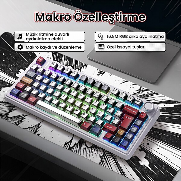 Aula F75 Mekanik RGB TKL GrayWood V4 Switch Kablosuz Makrolu Hot Swap Türkçe Q Mekanik Klavye Comic