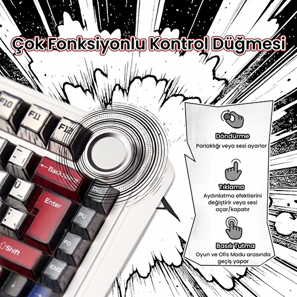 Aula F75 Mekanik RGB TKL GrayWood V4 Switch Kablosuz Makrolu Hot Swap Türkçe Q Mekanik Klavye Comic