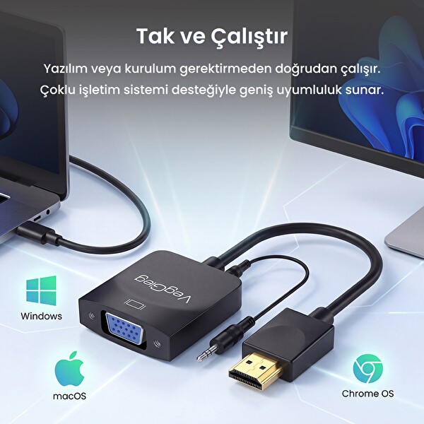 VegGieg HDMI to VGA Çevirici Adaptör 3.5mm Ses Çıkışlı Full HD 1080P 60Hz