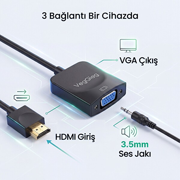 VegGieg HDMI to VGA Çevirici Adaptör 3.5mm Ses Çıkışlı Full HD 1080P 60Hz