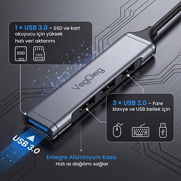 VegGieg 4 Portlu USB-A to USB 3.0 + 3xUSB 2.0 Çoklayıcı Dönüştürücü USB Hub