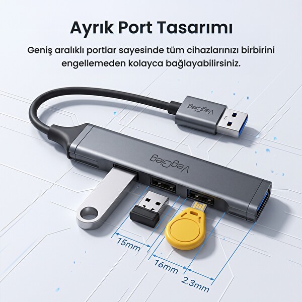 VegGieg 4 Portlu USB-A to USB 3.0 + 3xUSB 2.0 Çoklayıcı Dönüştürücü USB Hub