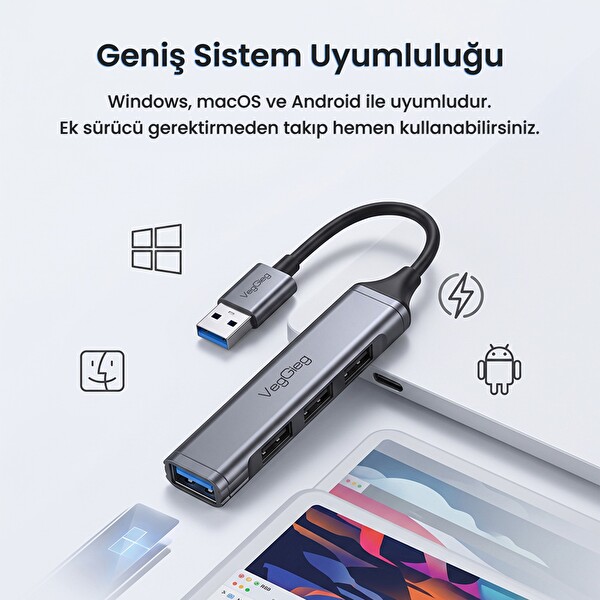 VegGieg 4 Portlu USB-A to USB 3.0 + 3xUSB 2.0 Çoklayıcı Dönüştürücü USB Hub