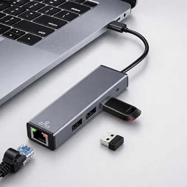 Coverzone USB-A ve Type-C 4 Port USB Hub- ENT 3 USB-A - RJ45 Gigabit Ethernet Adaptörü 1000 Mbps LAN USB 3.0 5 Gbps Hızlı Veri