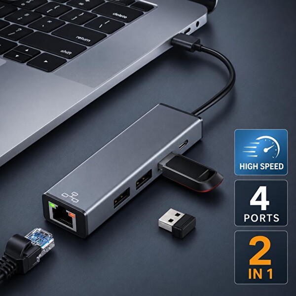 Coverzone USB-A ve Type-C 4 Port USB Hub- ENT 3 USB-A - RJ45 Gigabit Ethernet Adaptörü 1000 Mbps LAN USB 3.0 5 Gbps Hızlı Veri