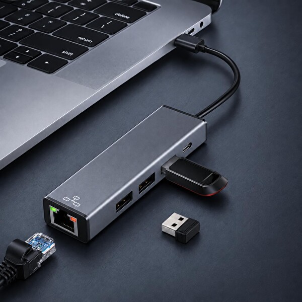 Coverzone USB-A ve Type-C 4 Port USB Hub- ENT 3 USB-A - RJ45 Gigabit Ethernet Adaptörü 1000 Mbps LAN USB 3.0 5 Gbps Hızlı Veri
