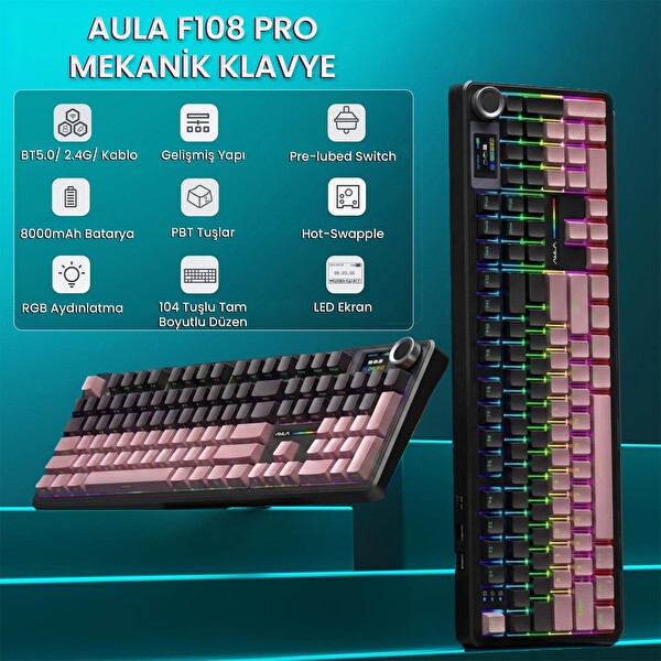 Aula F108 Pro Mekanik Gaming Oyuncu Klavyesi LCD Ekranlı Graywood V3 Switch RGB Hot Swap 8000mAh Makrolu Gradyan Pembe
