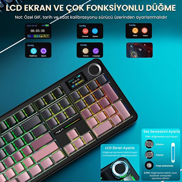 Aula F108 Pro Mekanik Gaming Oyuncu Klavyesi LCD Ekranlı Graywood V3 Switch RGB Hot Swap 8000mAh Makrolu Gradyan Pembe