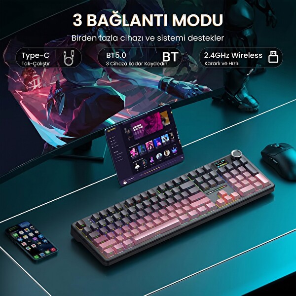 Aula F108 Pro Mekanik Gaming Oyuncu Klavyesi LCD Ekranlı Graywood V3 Switch RGB Hot Swap 8000mAh Makrolu Gradyan Pembe