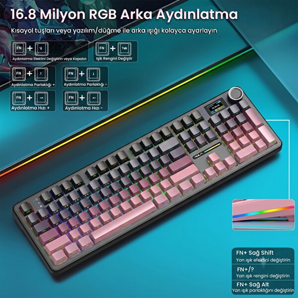 Aula F108 Pro Mekanik Gaming Oyuncu Klavyesi LCD Ekranlı Graywood V3 Switch RGB Hot Swap 8000mAh Makrolu Gradyan Pembe
