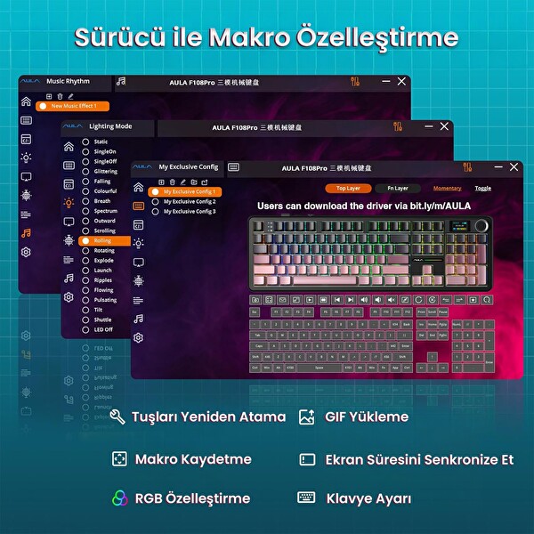 Aula F108 Pro Mekanik Gaming Oyuncu Klavyesi LCD Ekranlı Graywood V3 Switch RGB Hot Swap 8000mAh Makrolu Gradyan Pembe