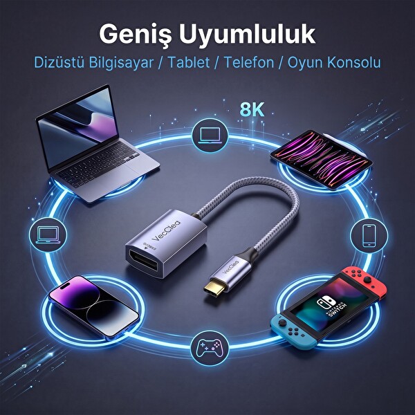 VegGieg Type-C to DisplayPort (DP) 8K 60Hz OFC Bakır Çevirici Dönüştürücü Adaptör