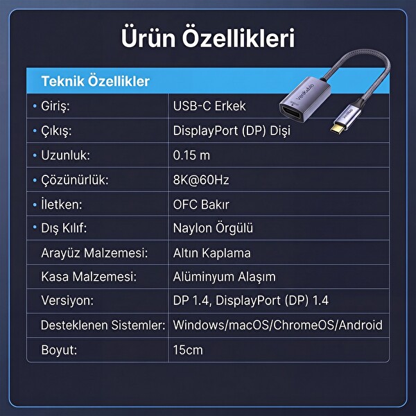 VegGieg Type-C to DisplayPort (DP) 8K 60Hz OFC Bakır Çevirici Dönüştürücü Adaptör