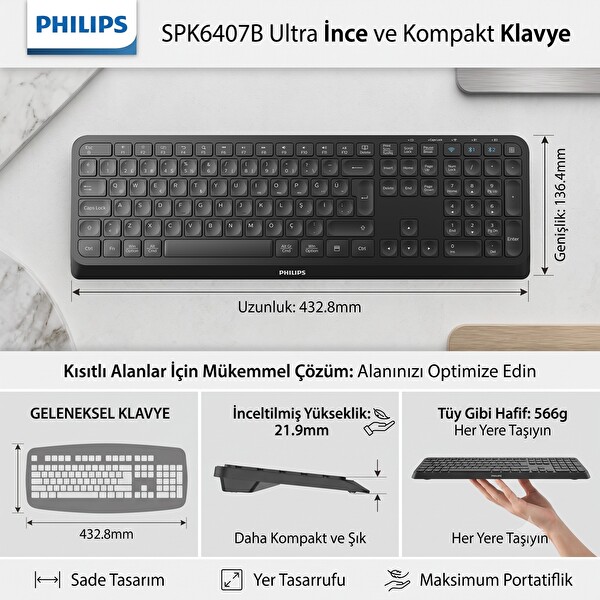 Philips SPK6407B 2 Kanallı Ofis Multimedya Türkçe Q Klavye Kablosuz Siyah