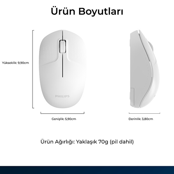 Philips SPK7358W 1600 DPI Sessiz Optik Kablosuz Mouse Ergonomik Beyaz