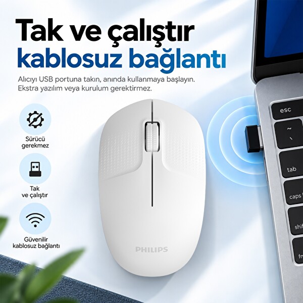 Philips SPK7358W 1600 DPI Sessiz Optik Kablosuz Mouse Ergonomik Beyaz