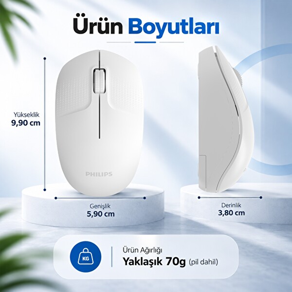 Philips SPK7358W 1600 DPI Sessiz Optik Kablosuz Mouse Ergonomik Beyaz