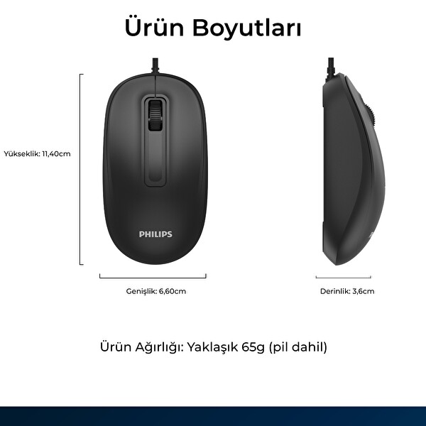 Philips SPK7358B 1600 DPI Sessiz Optik Kablosuz Mouse Ergonomik Siyah