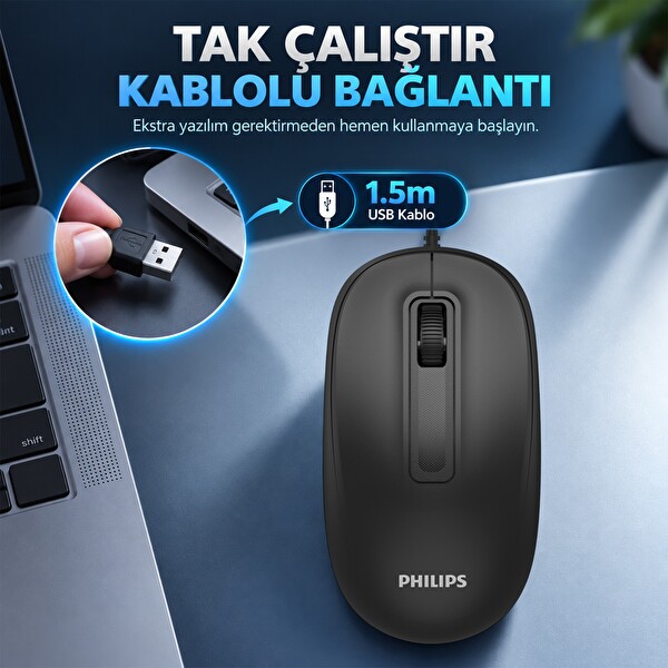 Philips SPK7358B 1600 DPI Sessiz Optik Kablosuz Mouse Ergonomik Siyah