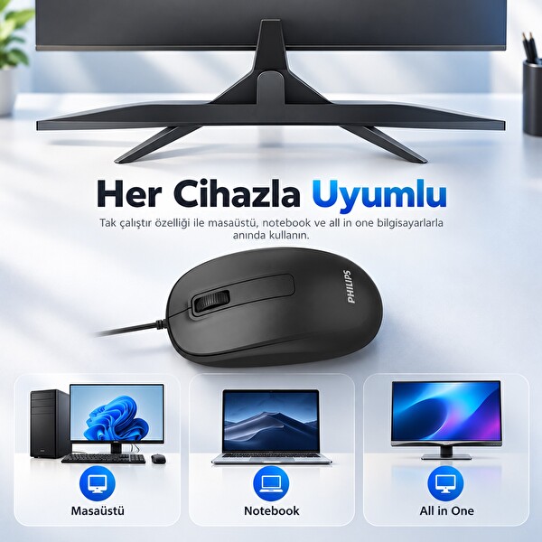 Philips SPK7358B 1600 DPI Sessiz Optik Kablosuz Mouse Ergonomik Siyah