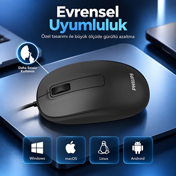 Philips SPK7358B 1600 DPI Sessiz Optik Kablosuz Mouse Ergonomik Siyah