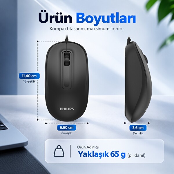 Philips SPK7358B 1600 DPI Sessiz Optik Kablosuz Mouse Ergonomik Siyah